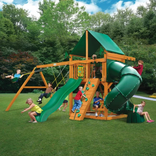 Gorilla Playsets Mountaineer Wooden Swing Set with Green Vinyl Canopy, Extreme Tube Slide, and Rock Climbing Wall