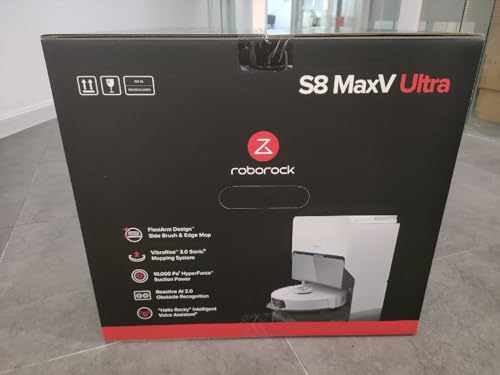 roborock S8 MaxV Ultra Saugroboter mit Wischfunktion&Hebarem Wischmopp, Umfangreiche Reinigung Durch die ausfahrbaren Seitenbürste, 10.000 Pa, 60 °C Heißwasser-Moppwäsche, All-in-One-Dock