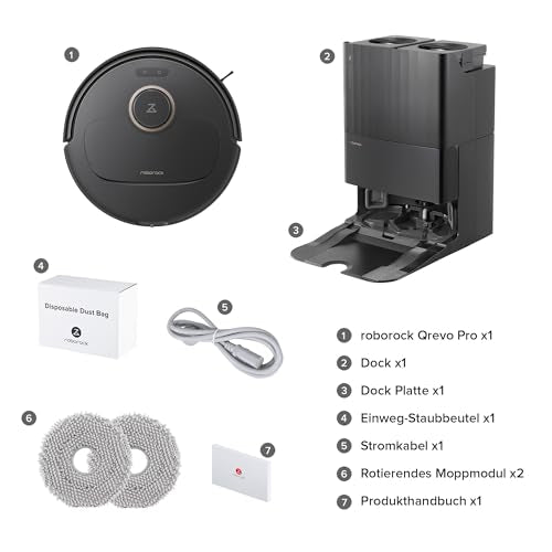 roborock Qrevo Pro Saugroboter mit Wischfunktion&Hebarem Wischmopp, FlexiArm Design™ Kantenreinigung, 7.000 Pa, 60 °C Heißwasser-Moppwäsche, Individuelle Teppichstrategie(Schwarz)