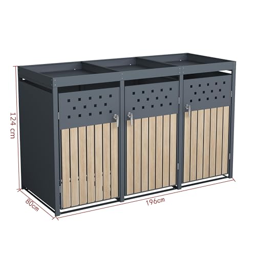 ESTEXO Mülltonnenbox Mülltonnenverkleidung mit Pflanzdach Aufbewahrungsbox Müllbox Anthrazit (3 Türen)