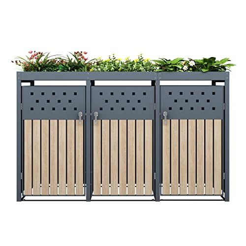 ESTEXO Mülltonnenbox Mülltonnenverkleidung mit Pflanzdach Aufbewahrungsbox Müllbox Anthrazit (3 Türen)