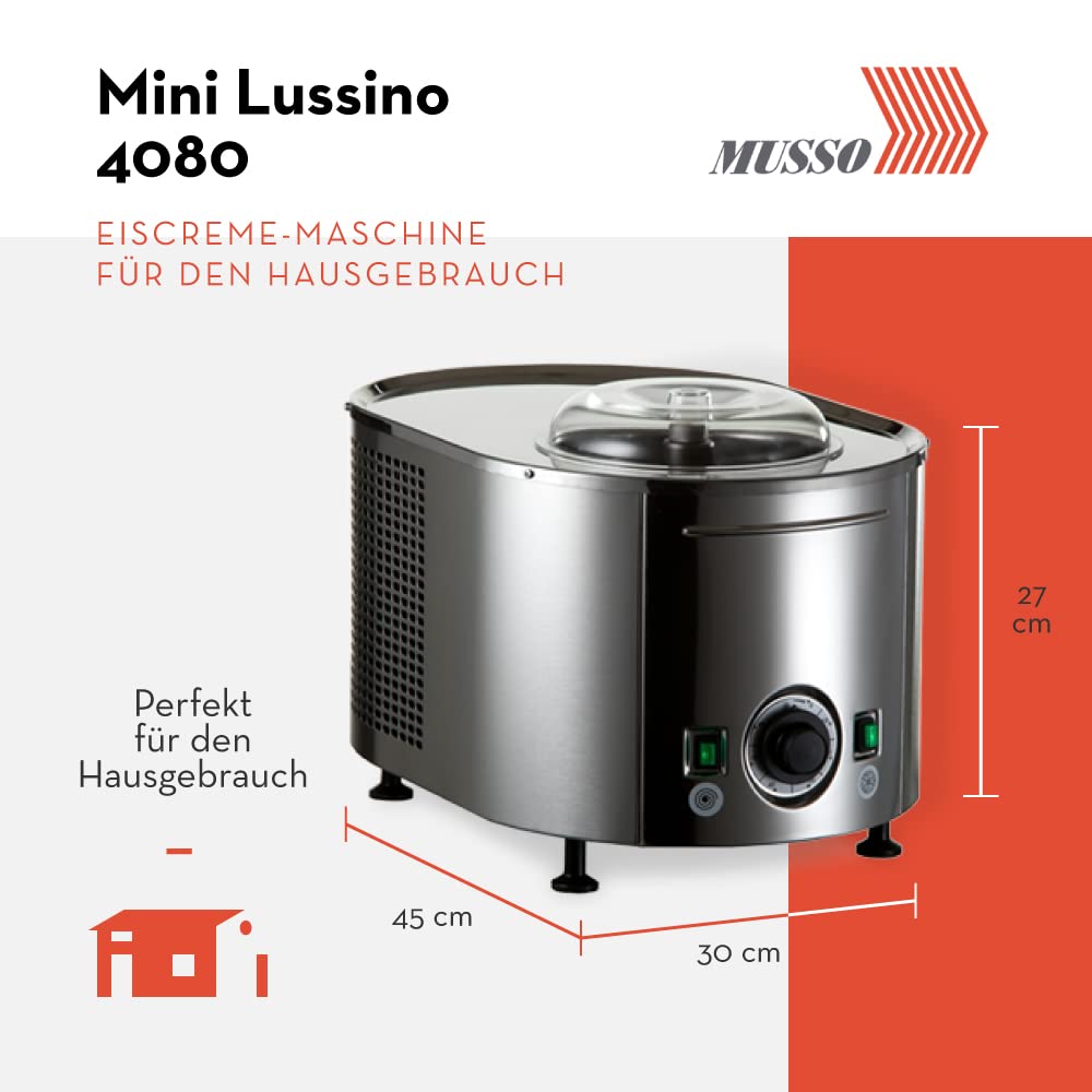 Musso Mini Lussino 4080 Eiscreme-Maschine | 0,75l Eiscreme in 30min | Italienische Eiscreme-Maschine für Zuhause | Vegane oder zuckerfreie Eiscreme, Gelato, Sorbet, Slush-Eis | Einfach zu benutzen
