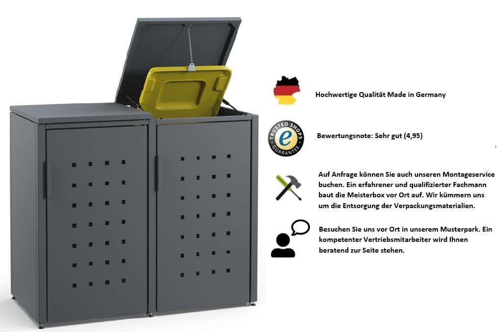 MEISTERBOX – 3er Mülltonnenbox Mülltonnenverkleidung mit Klappdach - 120L - Korpus, Dach & Pfosten Anthrazit