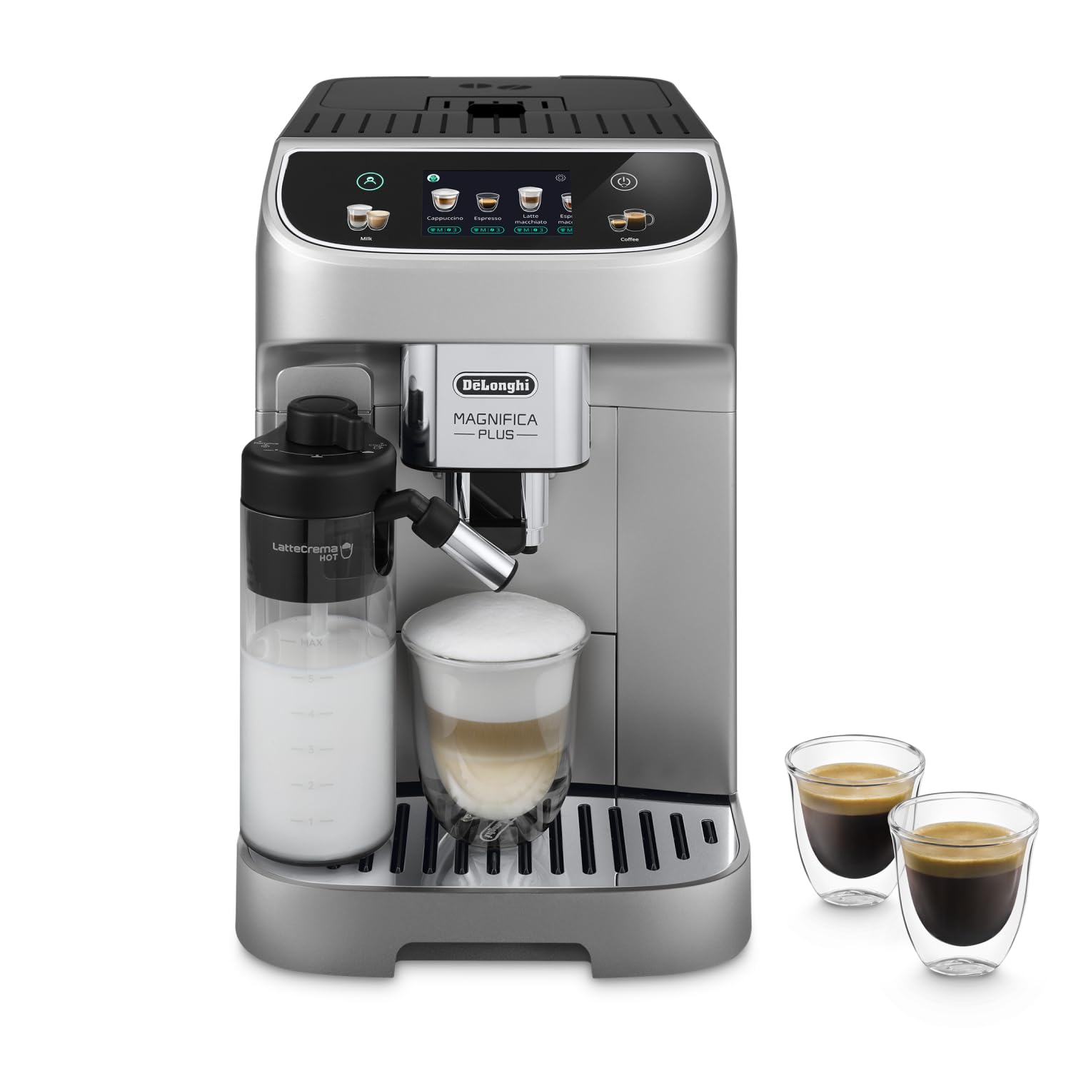 De'Longhi Magnifica Plus ECAM322.70.SB Kaffeevollautomat mit LatteCrema-Milchsystem für Automatischen Cappuccino, Full-Touch-Farbdisplay, Extra Shot-Funktion, x2-Funktion, 1450W, Silber/Schwarz