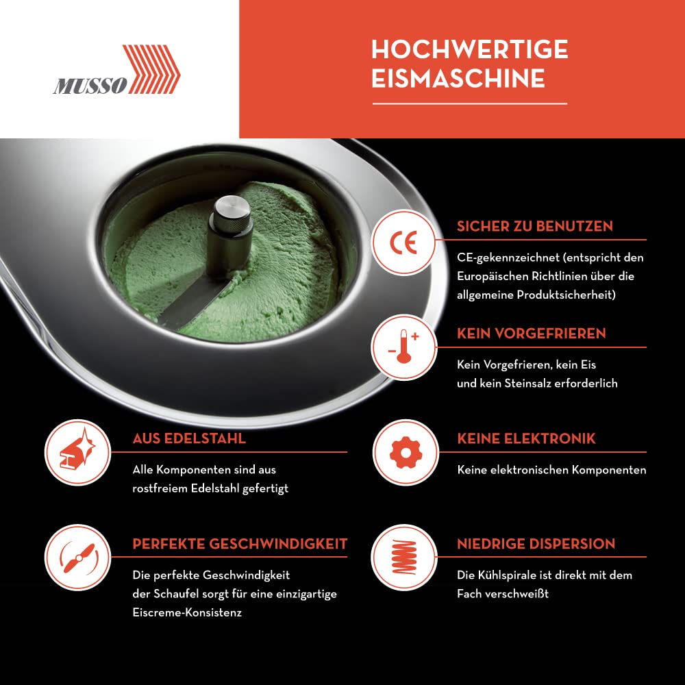 Musso Mini Lussino 4080 Eiscreme-Maschine | 0,75l Eiscreme in 30min | Italienische Eiscreme-Maschine für Zuhause | Vegane oder zuckerfreie Eiscreme, Gelato, Sorbet, Slush-Eis | Einfach zu benutzen