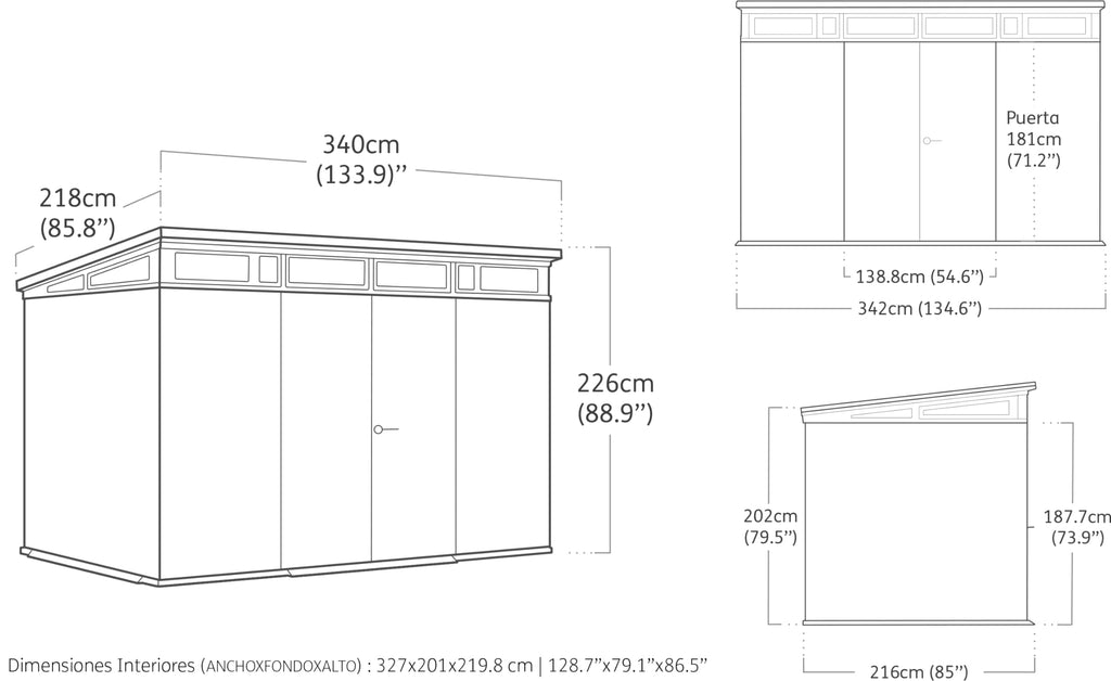 Keter Artisan 11x7 Gerätehaus – Wetterfestes Gartenhaus mit Boden, Pultdach, Doppeltüren & Fenster, Ideal für Outdoor-Aufbewahrung, 342x218x226cm, 13,7 m³, grau