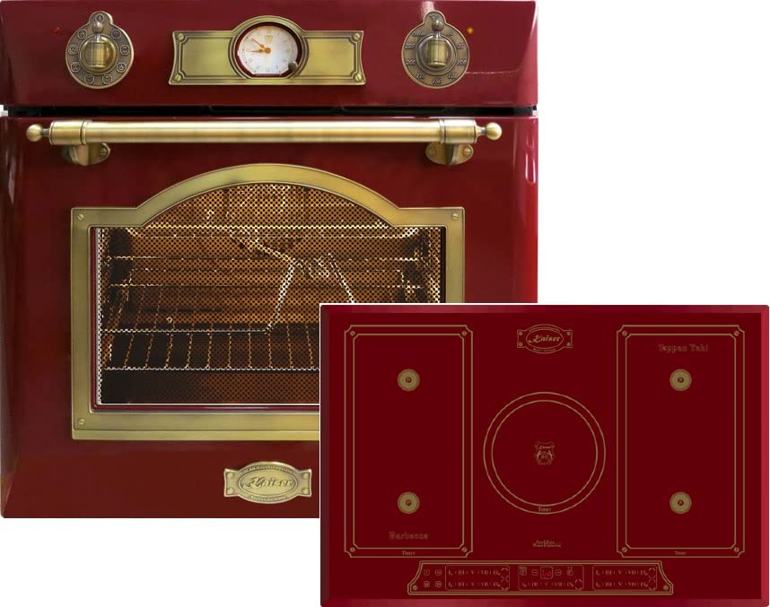 Retro Herd Set Induktion Autark Kaiser Empire Rot/Einbau Backofen Kaiser Eh 6355 RotEm + Induktionskochfeld Kaiser KCT 7795 RotEm 77 cm/Drehspieß,Selbstreinigung/Backofen Kochfeld Kombination/