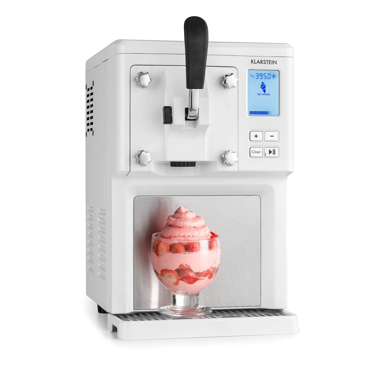 Klarstein Sweet Sundae - Eiscrememaschine, 1,5 Liter, mitselbstkühlendem Kompressor, 200 Watt, Ausgabesystem, 3 StundenAuto-Kühlhaltefunktion, Reinigungsautomatik, Edelstahl, weiß