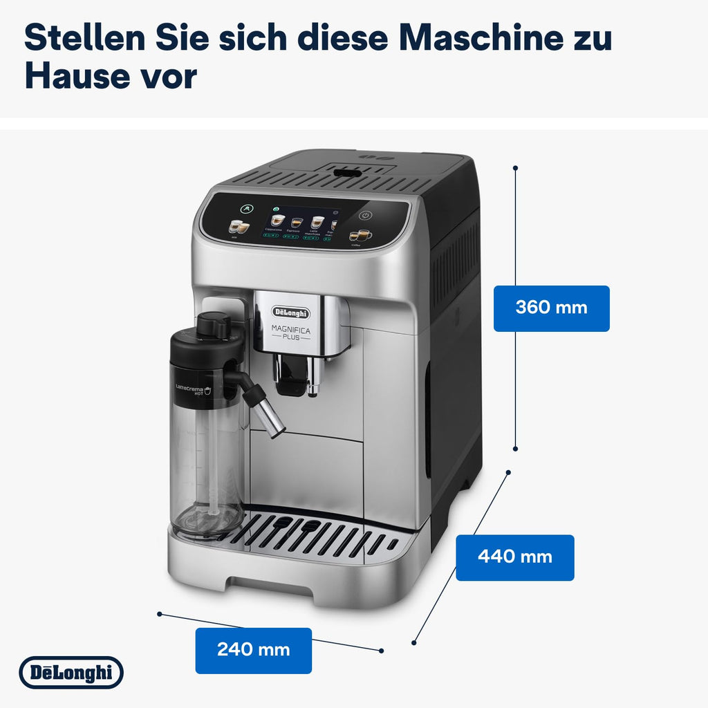 De'Longhi Magnifica Plus ECAM322.70.SB Kaffeevollautomat mit LatteCrema-Milchsystem für Automatischen Cappuccino, Full-Touch-Farbdisplay, Extra Shot-Funktion, x2-Funktion, 1450W, Silber/Schwarz