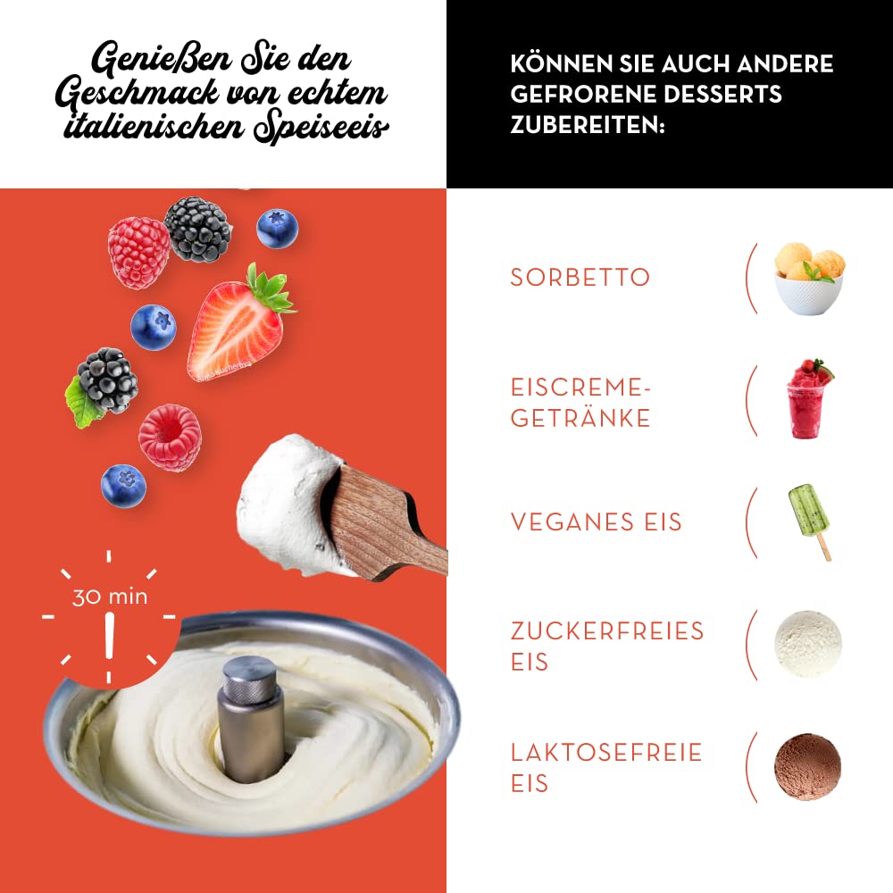 Musso Mini Lussino 4080 Eiscreme-Maschine | 0,75l Eiscreme in 30min | Italienische Eiscreme-Maschine für Zuhause | Vegane oder zuckerfreie Eiscreme, Gelato, Sorbet, Slush-Eis | Einfach zu benutzen