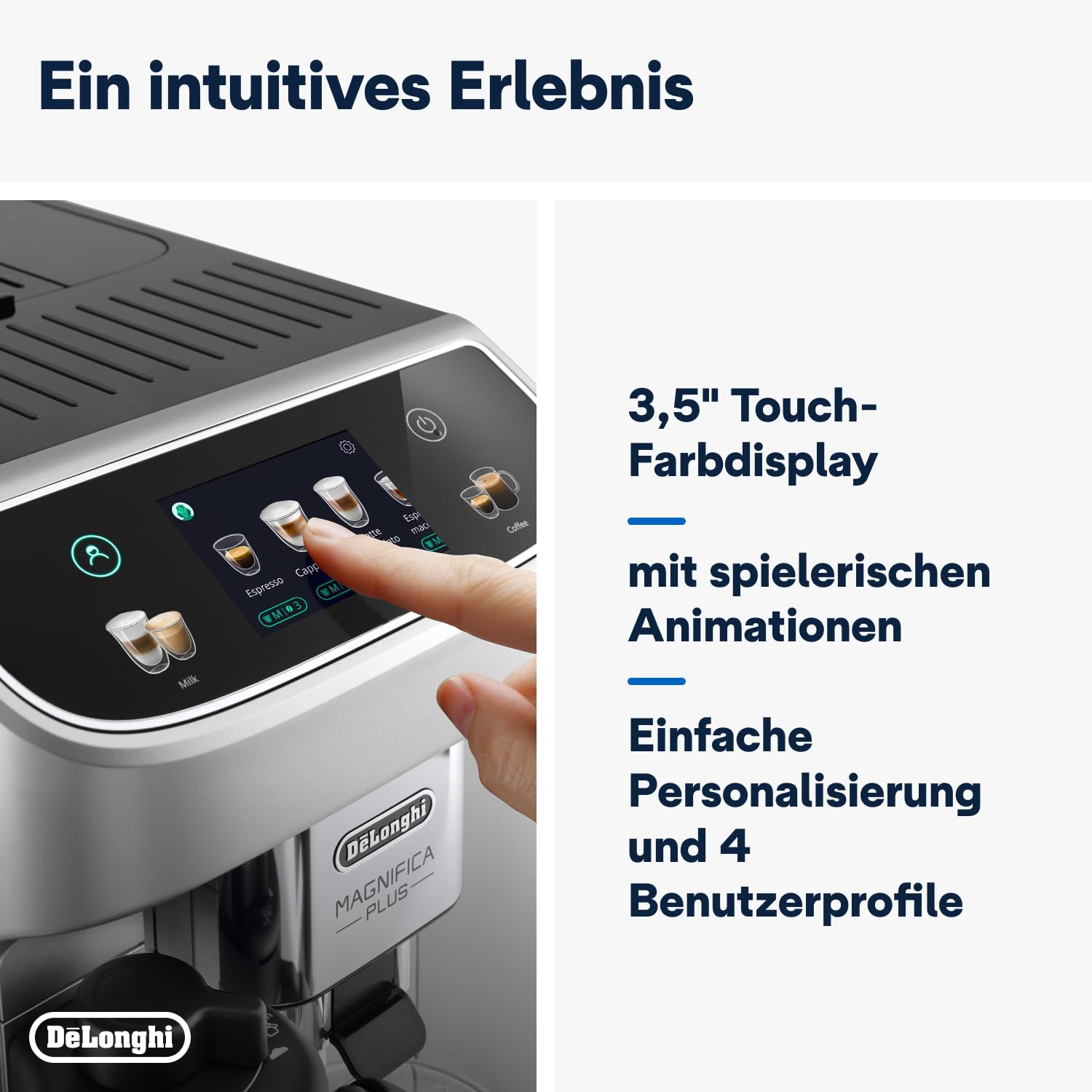De'Longhi Magnifica Plus ECAM322.70.SB Kaffeevollautomat mit LatteCrema-Milchsystem für Automatischen Cappuccino, Full-Touch-Farbdisplay, Extra Shot-Funktion, x2-Funktion, 1450W, Silber/Schwarz
