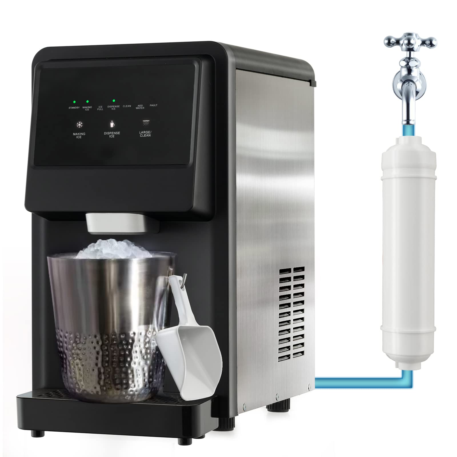 GOPLUS Eiswürfelmaschine mit Wasseranschluss, automatischer Eiswürfelbereiter mit Eisspender & Selbstreinigung, Eisproduktion von 27kg/24h, Desktop-Eiswürfelmaschine für Zuhause & Büro