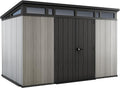 Keter Artisan 11x7 Gerätehaus – Wetterfestes Gartenhaus mit Boden, Pultdach, Doppeltüren & Fenster, Ideal für Outdoor-Aufbewahrung, 342x218x226cm, 13,7 m³, grau
