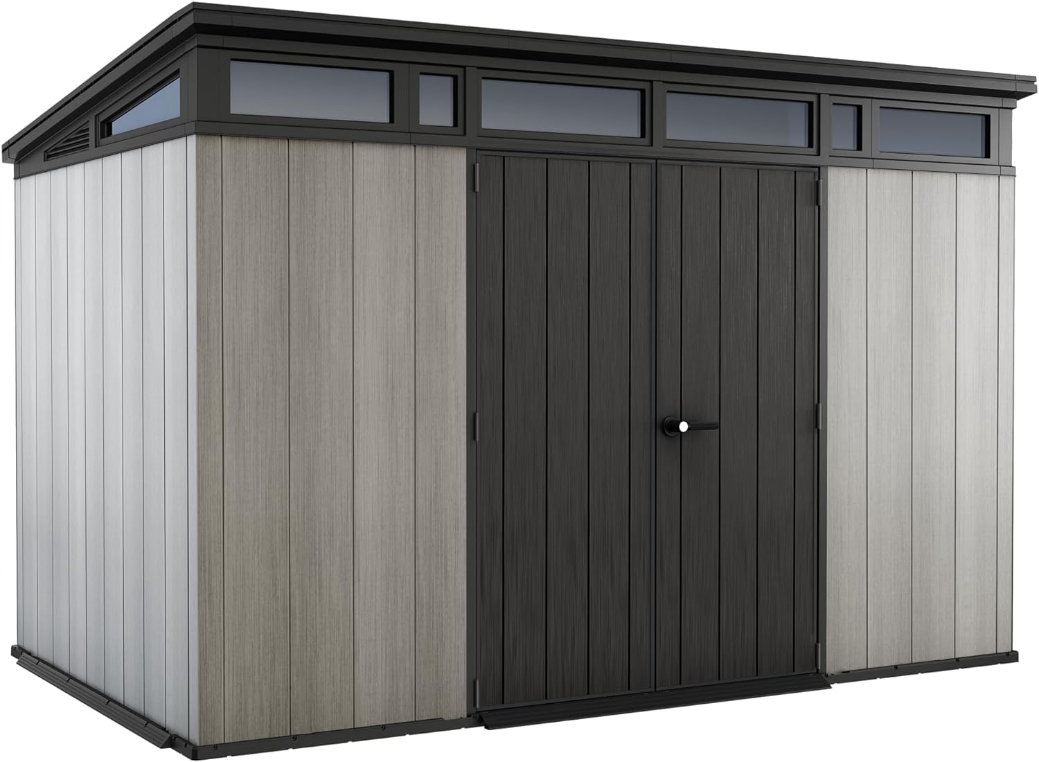 Keter Artisan 11x7 Gerätehaus – Wetterfestes Gartenhaus mit Boden, Pultdach, Doppeltüren & Fenster, Ideal für Outdoor-Aufbewahrung, 342x218x226cm, 13,7 m³, grau