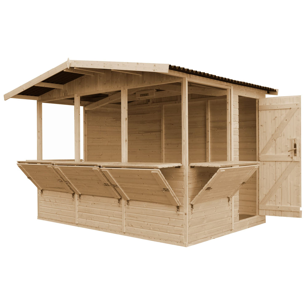 TIMBELA M150B Holz Gartenhaus, Marktbude Holz, Qualitäts Schiffslatten Kiefern Fichte Verkaufsstand Holzhaus mit Theke, FÜNF Fenster, 200x300/6 m2, große multifunktionale Garten-Bar Verkaufshütte