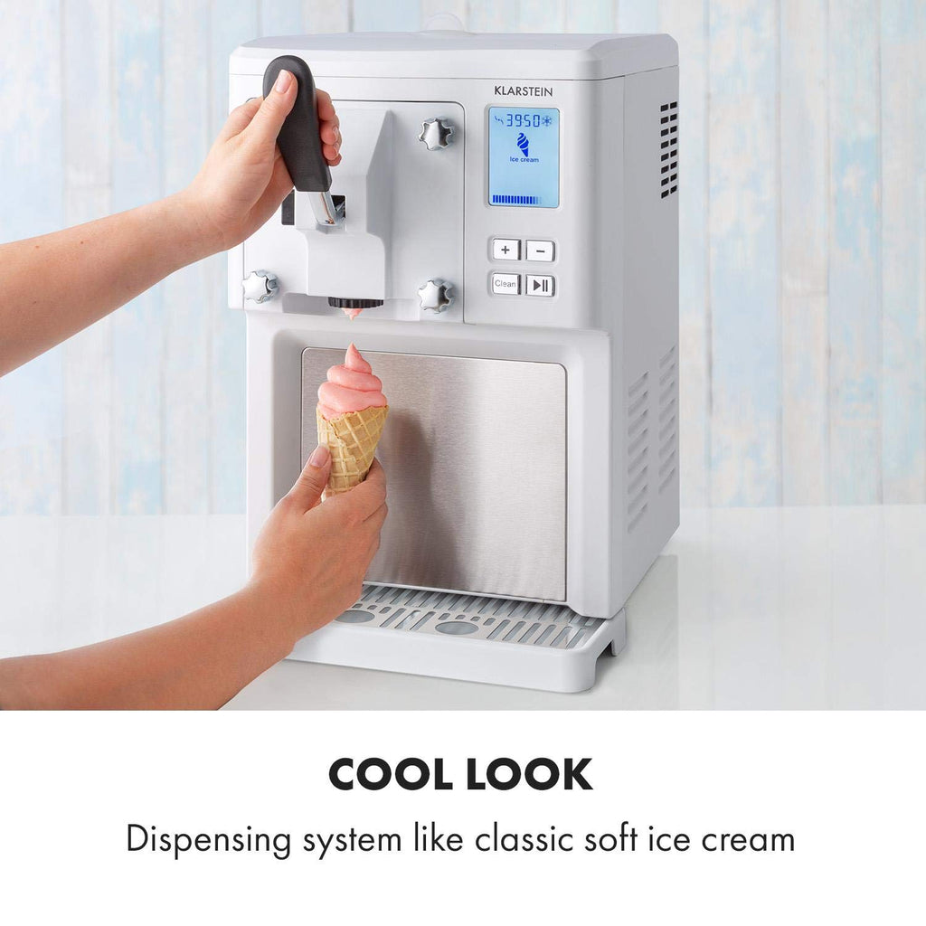Klarstein Sweet Sundae - Eiscrememaschine, 1,5 Liter, mitselbstkühlendem Kompressor, 200 Watt, Ausgabesystem, 3 StundenAuto-Kühlhaltefunktion, Reinigungsautomatik, Edelstahl, weiß