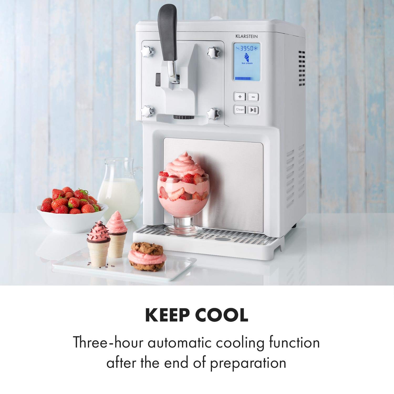 Klarstein Sweet Sundae - Eiscrememaschine, 1,5 Liter, mitselbstkühlendem Kompressor, 200 Watt, Ausgabesystem, 3 StundenAuto-Kühlhaltefunktion, Reinigungsautomatik, Edelstahl, weiß