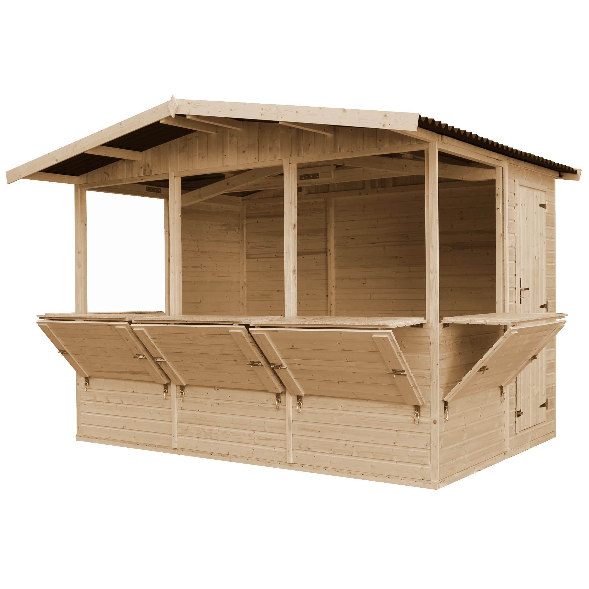 TIMBELA M150B Holz Gartenhaus, Marktbude Holz, Qualitäts Schiffslatten Kiefern Fichte Verkaufsstand Holzhaus mit Theke, FÜNF Fenster, 200x300/6 m2, große multifunktionale Garten-Bar Verkaufshütte