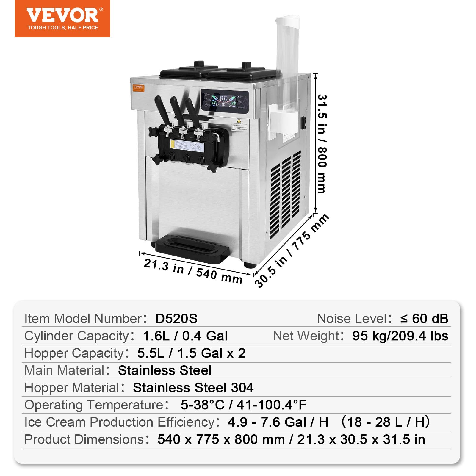 VEVOR Kommerzielle Eismaschine 18–28 L/h, 3 Geschmacksrichtungen, Italienische Eismaschine, 2 x 5,5 L Trichter, LCD-Panel, Automatische Vorkühlung, Reinigung, für Joghurt, Kaffee, Snackbar, Restaurant
