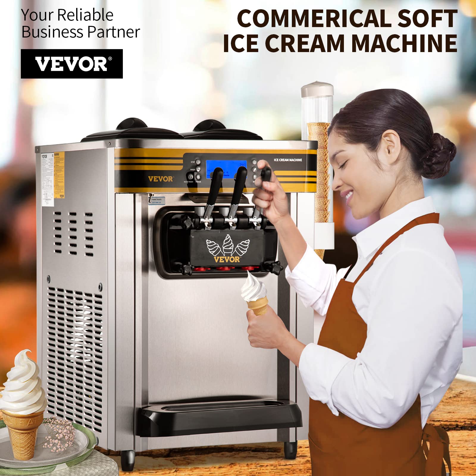 VEVOR Kommerzielle Eismaschine 2350 W Weiche Eismaschine Silber 22-30L pro Stunde Weiche Eismaschine 74,5 x 54 x 86 cm in Cafés, Buffets, Getränke-Shops, Restaurants