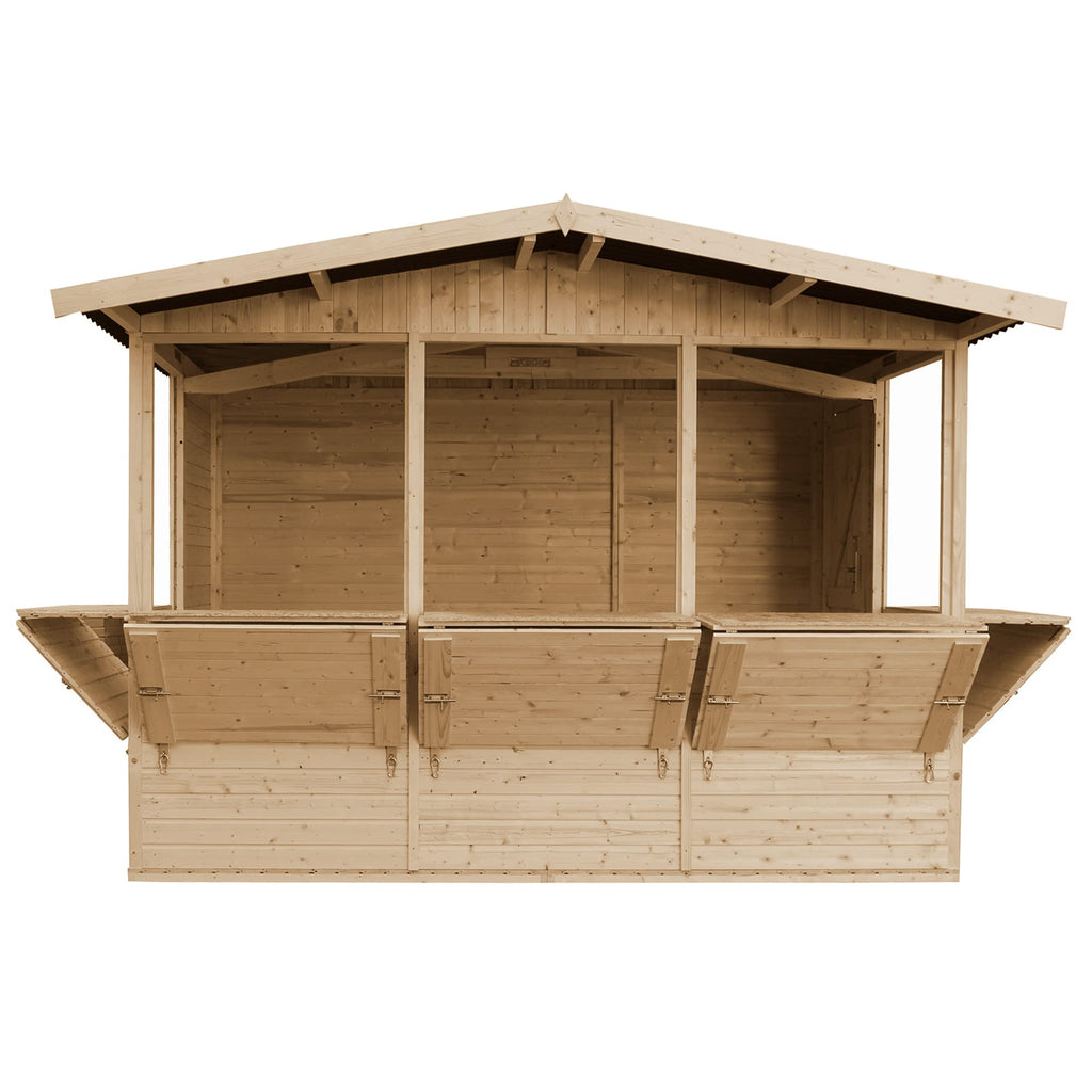 TIMBELA M150B Holz Gartenhaus, Marktbude Holz, Qualitäts Schiffslatten Kiefern Fichte Verkaufsstand Holzhaus mit Theke, FÜNF Fenster, 200x300/6 m2, große multifunktionale Garten-Bar Verkaufshütte