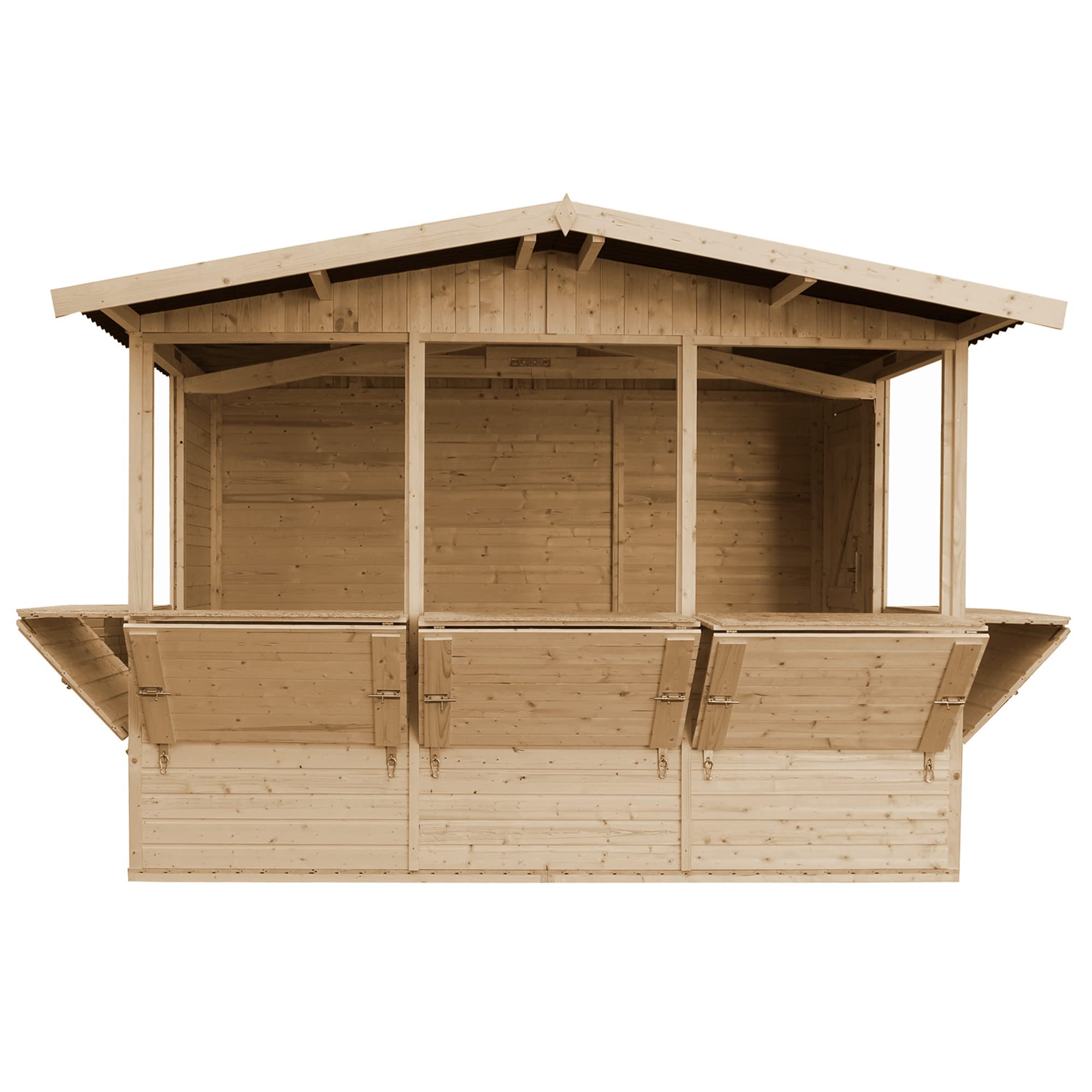TIMBELA M150B Holz Gartenhaus, Marktbude Holz, Qualitäts Schiffslatten Kiefern Fichte Verkaufsstand Holzhaus mit Theke, FÜNF Fenster, 200x300/6 m2, große multifunktionale Garten-Bar Verkaufshütte
