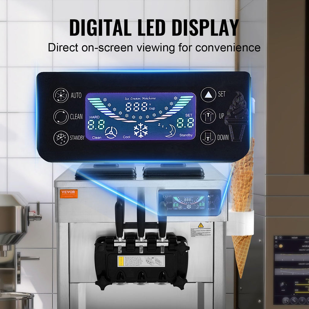 VEVOR Kommerzielle Eismaschine 18–28 L/h, 3 Geschmacksrichtungen, Italienische Eismaschine, 2 x 5,5 L Trichter, LCD-Panel, Automatische Vorkühlung, Reinigung, für Joghurt, Kaffee, Snackbar, Restaurant