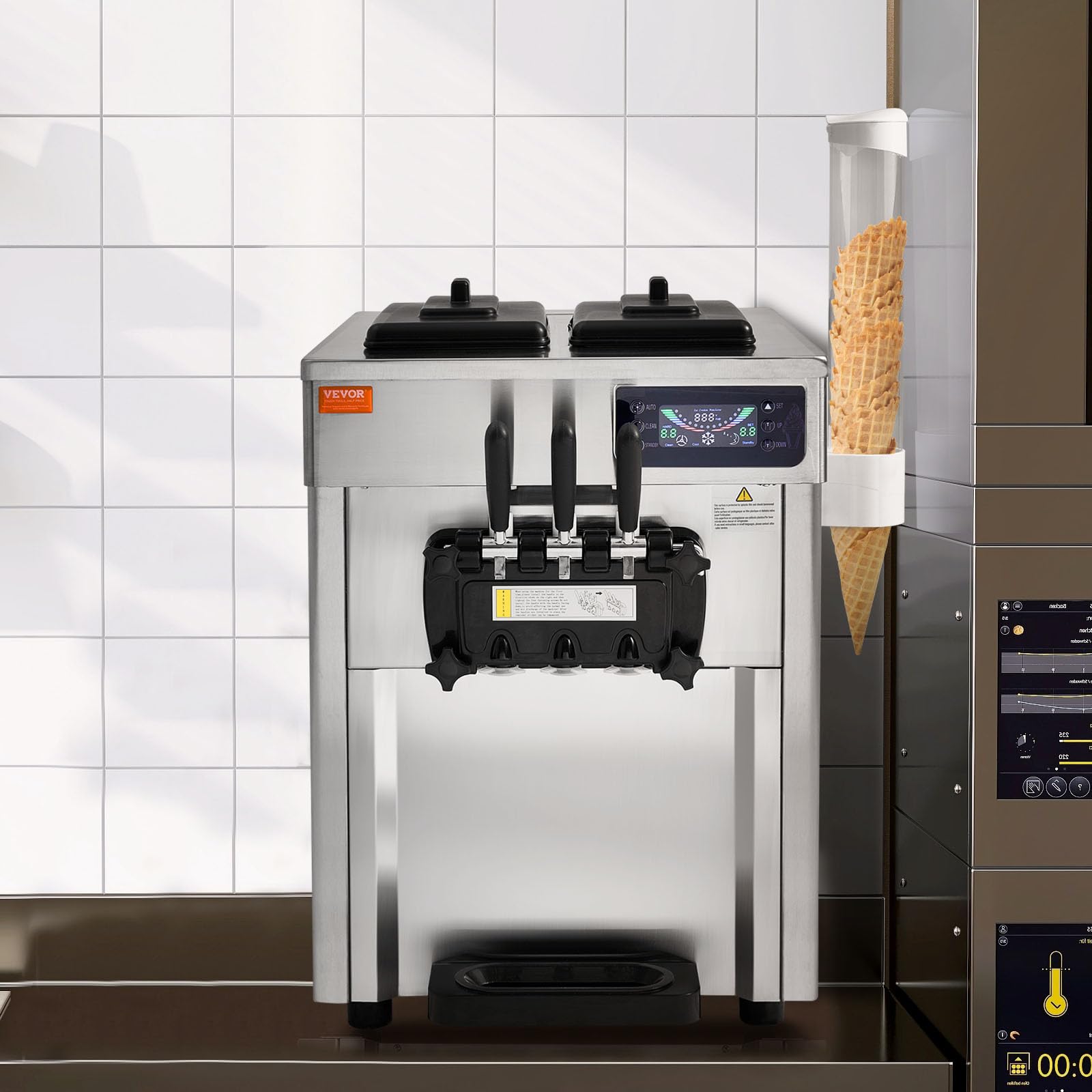 VEVOR Kommerzielle Eismaschine 18–28 L/h, 3 Geschmacksrichtungen, Italienische Eismaschine, 2 x 5,5 L Trichter, LCD-Panel, Automatische Vorkühlung, Reinigung, für Joghurt, Kaffee, Snackbar, Restaurant