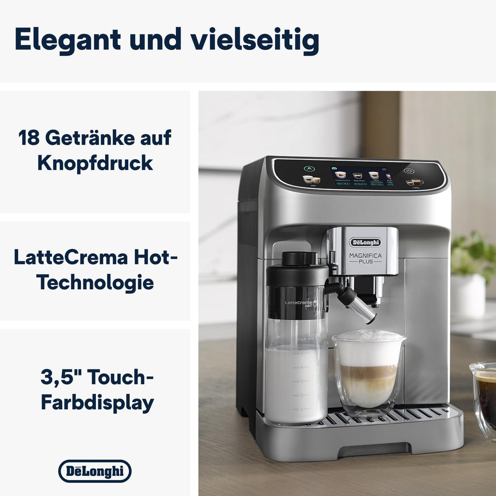 De'Longhi Magnifica Plus ECAM322.70.SB Kaffeevollautomat mit LatteCrema-Milchsystem für Automatischen Cappuccino, Full-Touch-Farbdisplay, Extra Shot-Funktion, x2-Funktion, 1450W, Silber/Schwarz