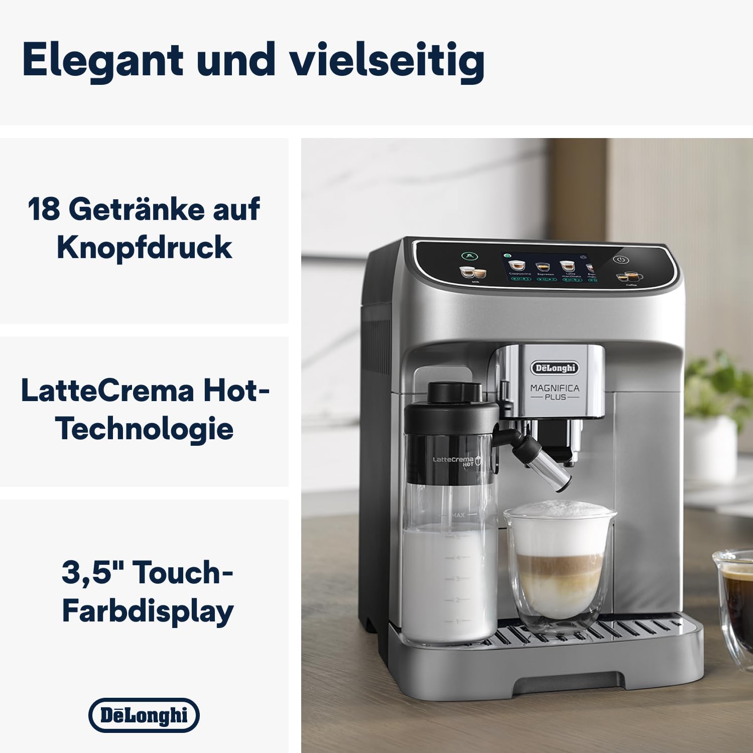 De'Longhi Magnifica Plus ECAM322.70.SB Kaffeevollautomat mit LatteCrema-Milchsystem für Automatischen Cappuccino, Full-Touch-Farbdisplay, Extra Shot-Funktion, x2-Funktion, 1450W, Silber/Schwarz