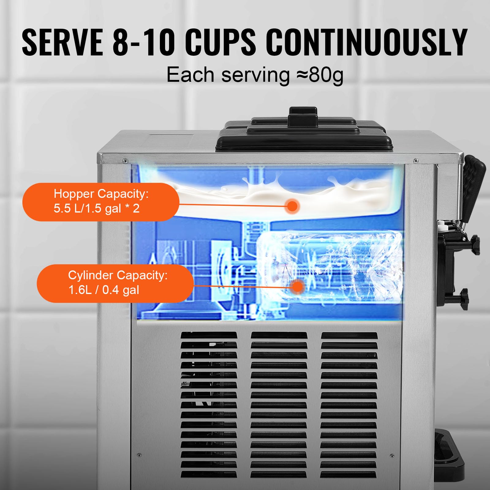 VEVOR Kommerzielle Eismaschine 18–28 L/h, 3 Geschmacksrichtungen, Italienische Eismaschine, 2 x 5,5 L Trichter, LCD-Panel, Automatische Vorkühlung, Reinigung, für Joghurt, Kaffee, Snackbar, Restaurant
