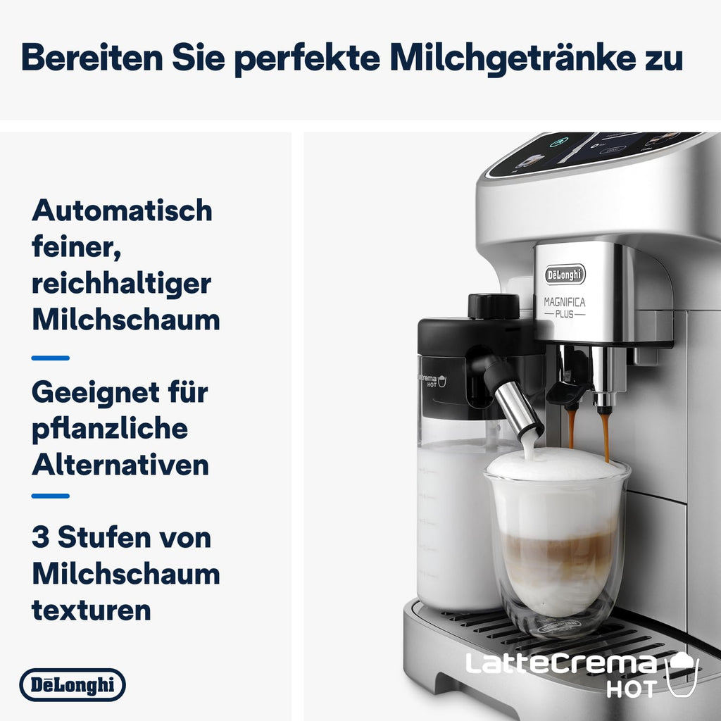 De'Longhi Magnifica Plus ECAM322.70.SB Kaffeevollautomat mit LatteCrema-Milchsystem für Automatischen Cappuccino, Full-Touch-Farbdisplay, Extra Shot-Funktion, x2-Funktion, 1450W, Silber/Schwarz