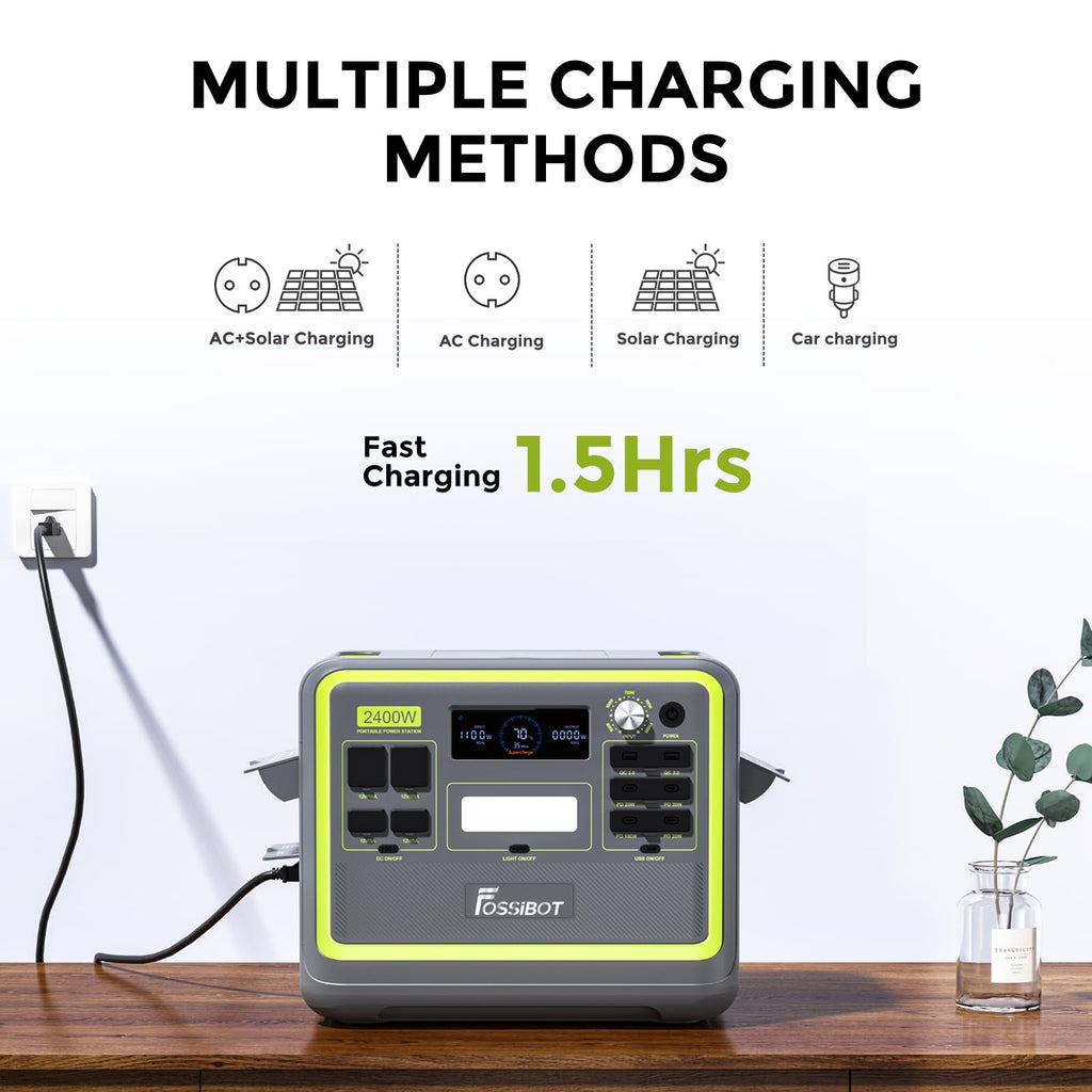 FOSSiBOT Tragbare Powerstation F2400, Solargenerator 2048Wh LiFePO4 Batterie-Backup mit 2400W 3x AC Ausgängen (4800W Peak) 230V, power station für Outdoor-Camping, Wohnmobil-Reisen, Hausgebrauch