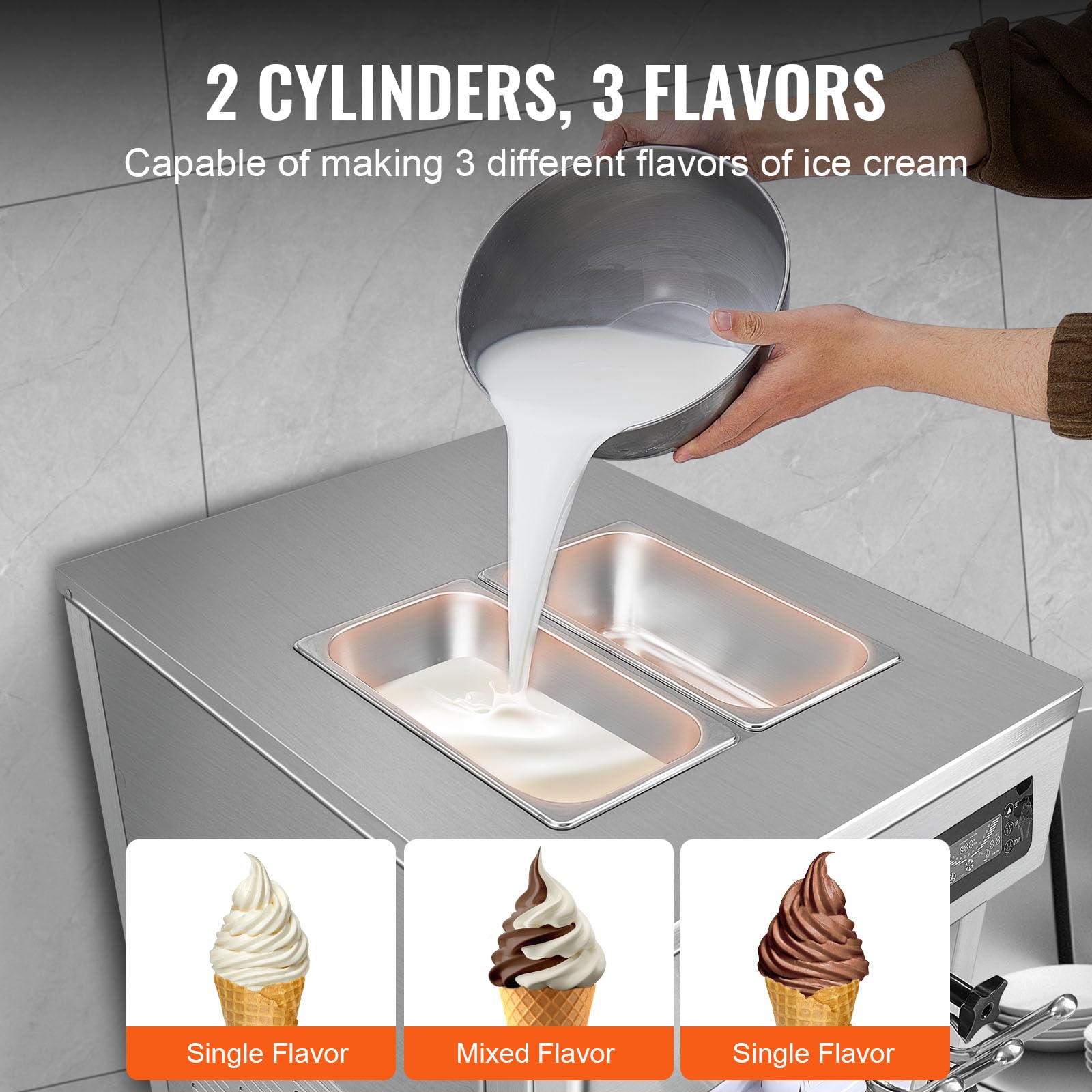VEVOR Kommerzielle Eismaschine 18–28 L/h, 3 Geschmacksrichtungen, Italienische Eismaschine, 2 x 5,5 L Trichter, LCD-Panel, Automatische Vorkühlung, Reinigung, für Joghurt, Kaffee, Snackbar, Restaurant