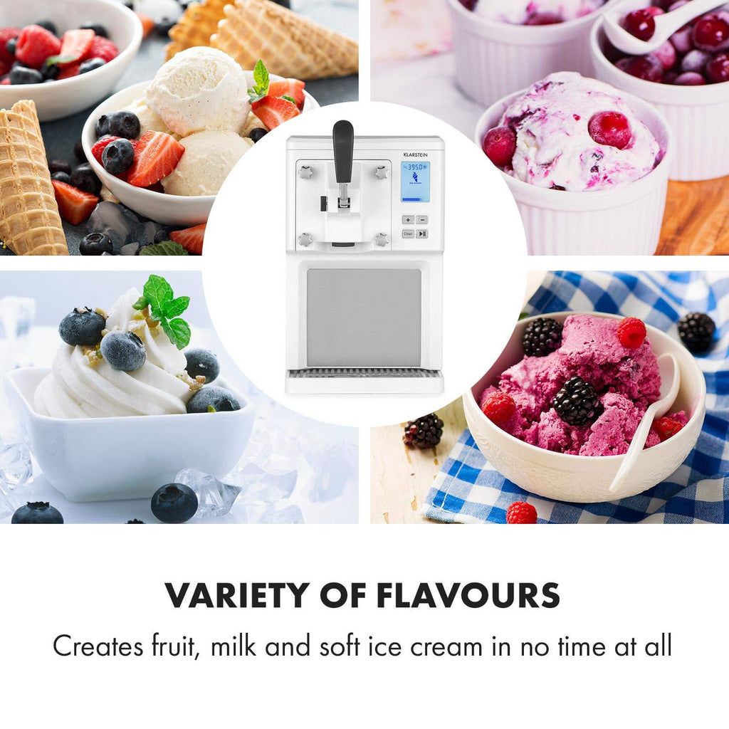 Klarstein Sweet Sundae - Eiscrememaschine, 1,5 Liter, mitselbstkühlendem Kompressor, 200 Watt, Ausgabesystem, 3 StundenAuto-Kühlhaltefunktion, Reinigungsautomatik, Edelstahl, weiß