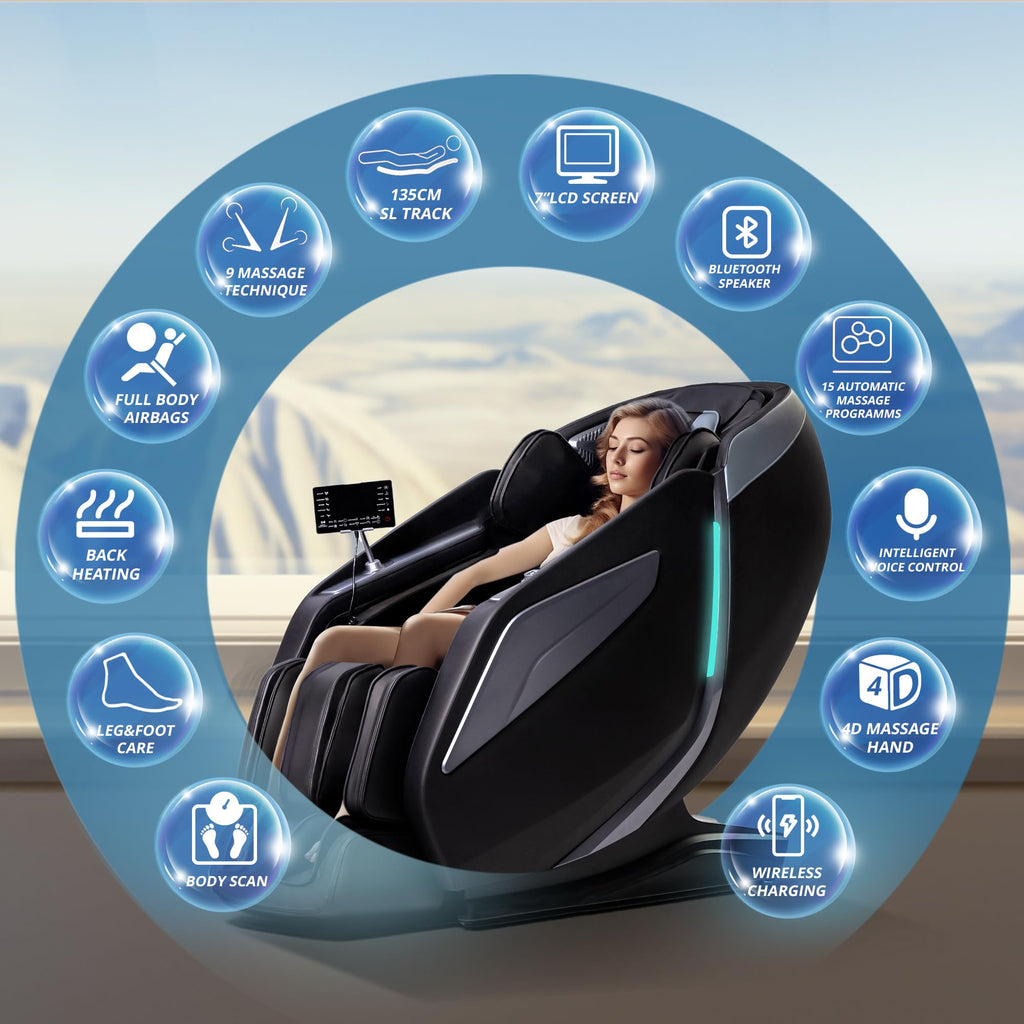 HealthRelife Ganzkörpermassagesessel mit Bodyscan 4D-Robotische Hände Intelligente Shiatsu Massagesitzauflage mit Sprachfunktion Rückenheizung(Schwarz)