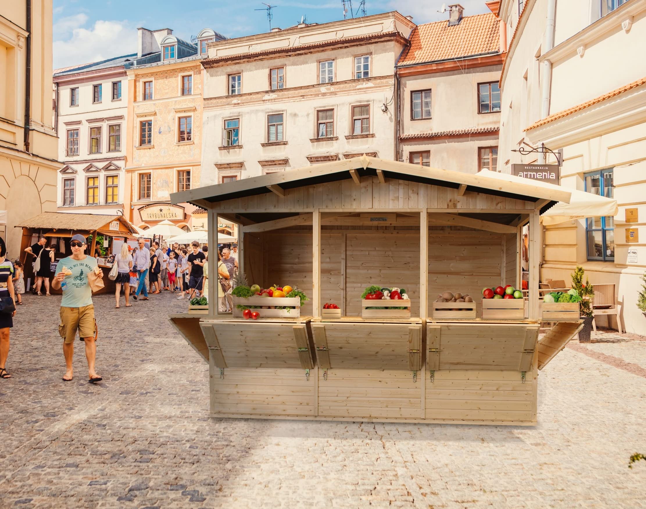 TIMBELA M150B Holz Gartenhaus, Marktbude Holz, Qualitäts Schiffslatten Kiefern Fichte Verkaufsstand Holzhaus mit Theke, FÜNF Fenster, 200x300/6 m2, große multifunktionale Garten-Bar Verkaufshütte