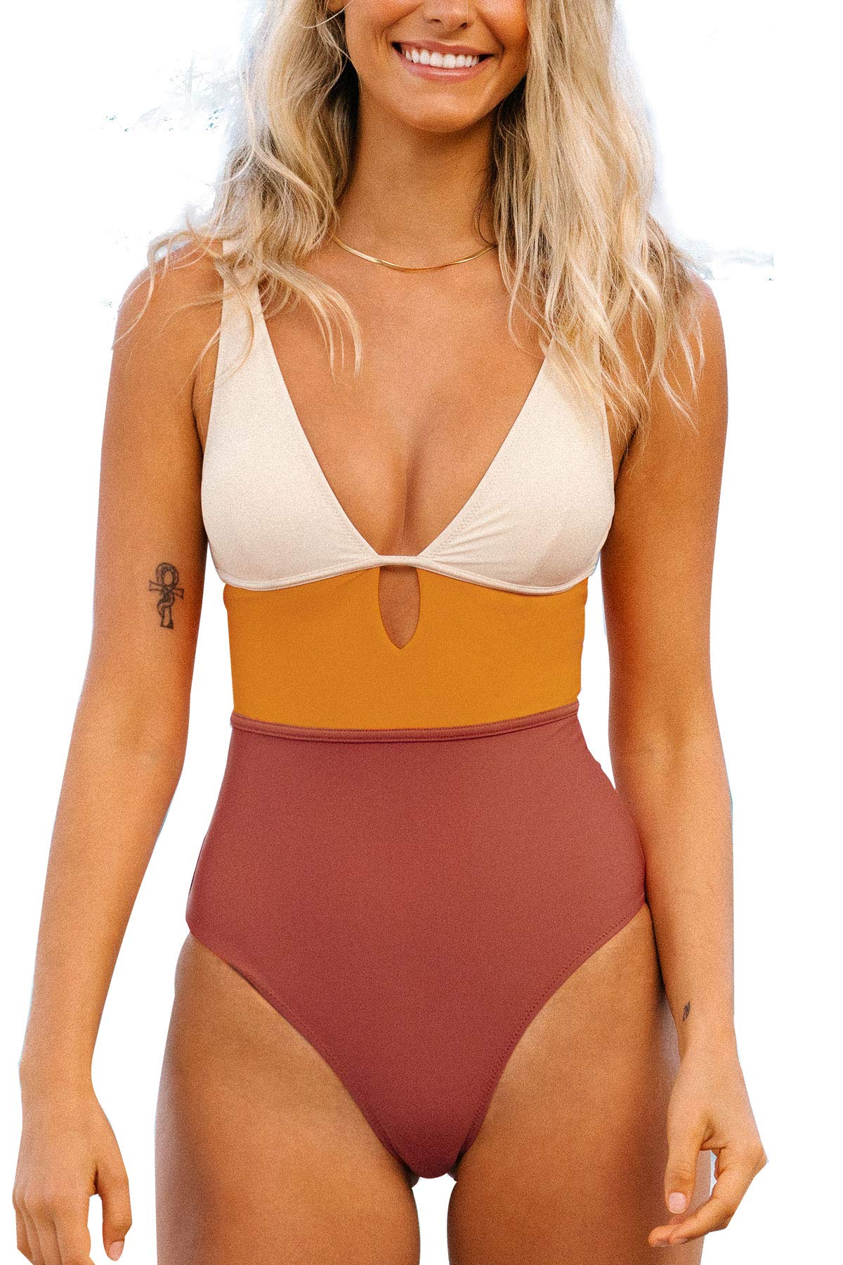 CUPSHE Damen Badeanzug Tiefer V Ausschnitt Monokini Colorblock Riemchen Einteilige Bademode Swimsuit Mehrfarbig S