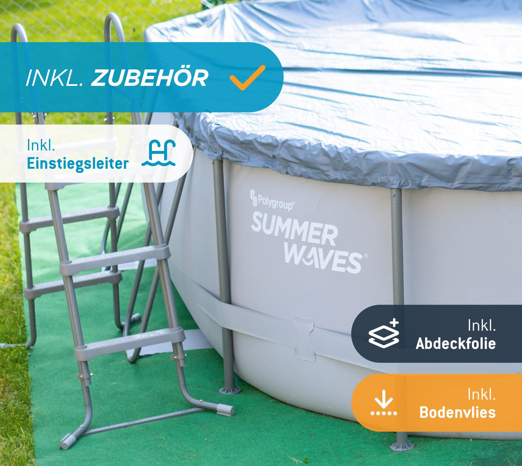 Summer Waves Frame Pool Komplettset | Oval 610x366x122 cm Grau | Aufstellpool Set | Gartenpool & Schwimmbecken inkl. Filterpumpe, Filterkartusche, Bodenvlies, Abdeckplane & Einstiegsleiter