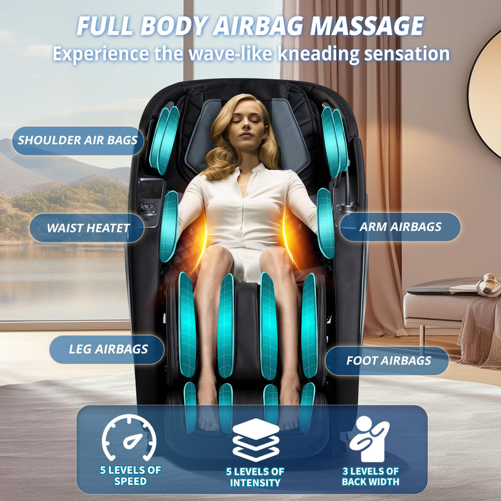 HealthRelife Ganzkörpermassagesessel mit Bodyscan 4D-Robotische Hände Intelligente Shiatsu Massagesitzauflage mit Sprachfunktion Rückenheizung(Schwarz)