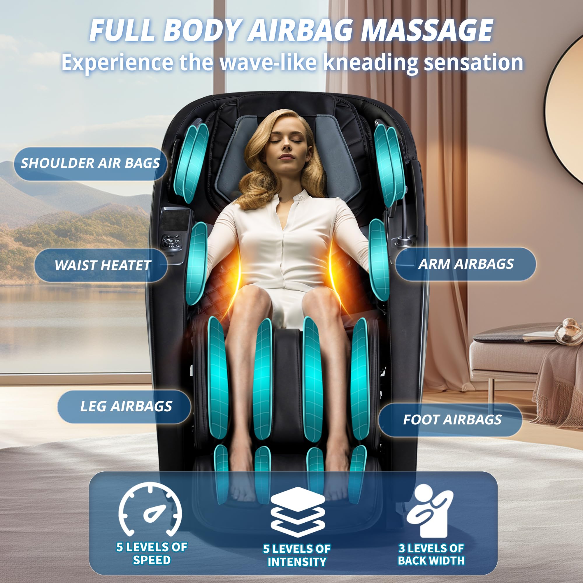 HealthRelife Ganzkörpermassagesessel mit Bodyscan 4D-Robotische Hände Intelligente Shiatsu Massagesitzauflage mit Sprachfunktion Rückenheizung(Schwarz)