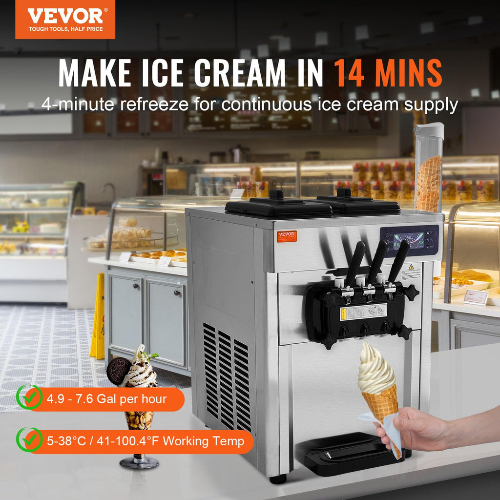 VEVOR Kommerzielle Eismaschine 18–28 L/h, 3 Geschmacksrichtungen, Italienische Eismaschine, 2 x 5,5 L Trichter, LCD-Panel, Automatische Vorkühlung, Reinigung, für Joghurt, Kaffee, Snackbar, Restaurant