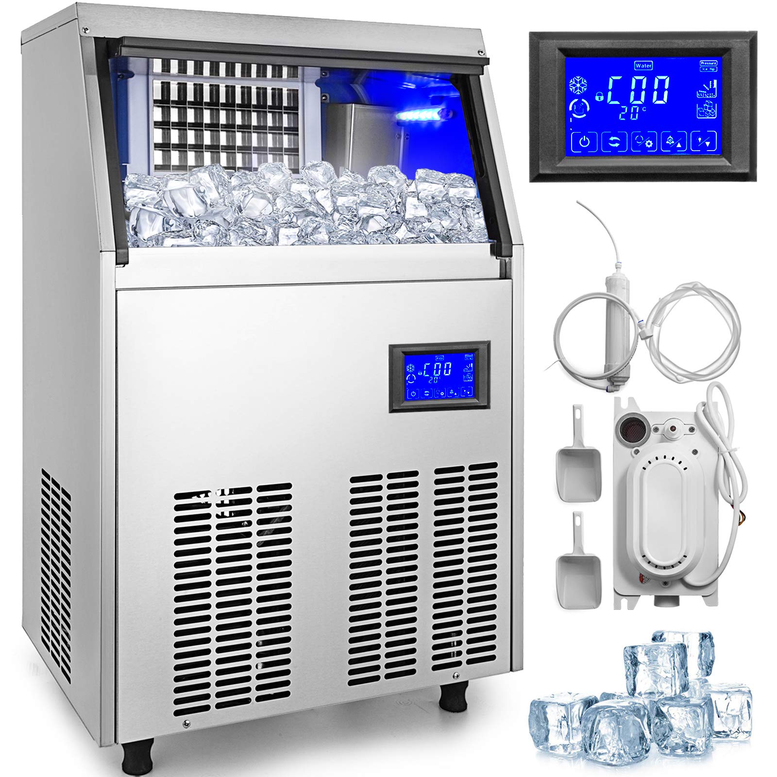 VEVOR Kommerzielle 50 kg Eismaschine 220V Eiswürfelbereiter Kommerzielle Eiswürfelbereiter Edelstahl mit LCD Bildschirm Würfeleismaschine 250 W Automatische Eismaschine 4 x 9 Stk. Icemaker