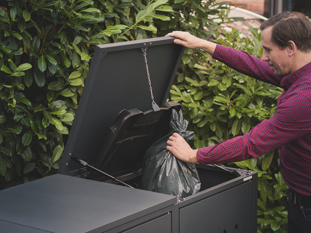 MEISTERBOX – 3er Mülltonnenbox Mülltonnenverkleidung mit Klappdach - 120L - Korpus, Dach & Pfosten Anthrazit