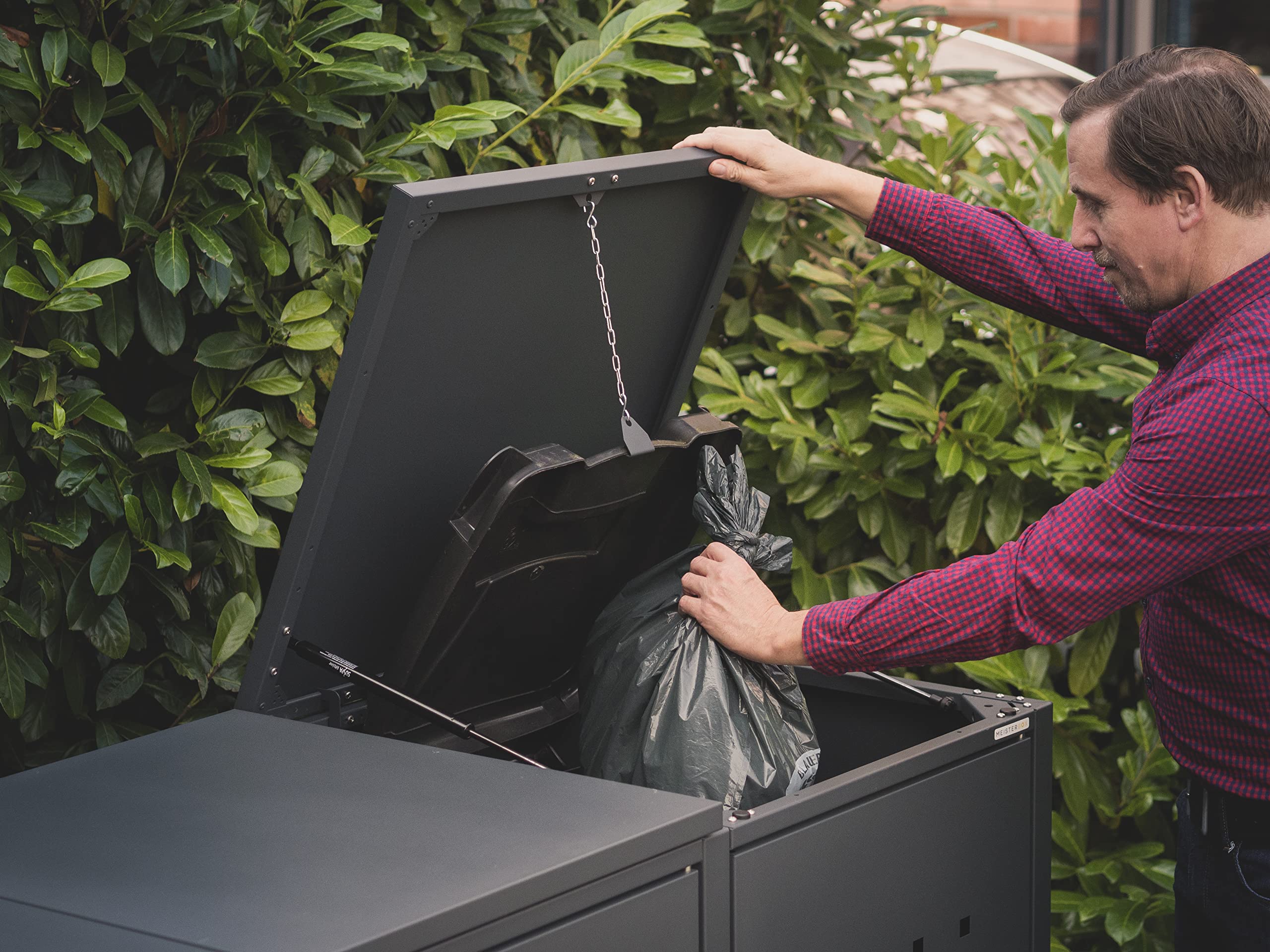 MEISTERBOX – 3er Mülltonnenbox Mülltonnenverkleidung mit Klappdach - 120L - Korpus, Dach & Pfosten Anthrazit