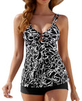 Laorchid high Waist Badekleid mit Badeshorts bauchweg bademode mit Tankini Obenteil Damen Badeanzug tankini gepolstert Sexy Schwarz mit weißen Wellen XL