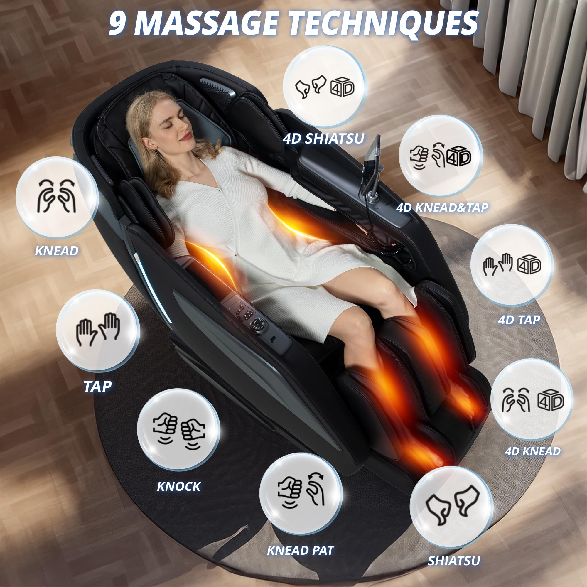 HealthRelife Ganzkörpermassagesessel mit Bodyscan 4D-Robotische Hände Intelligente Shiatsu Massagesitzauflage mit Sprachfunktion Rückenheizung(Schwarz)