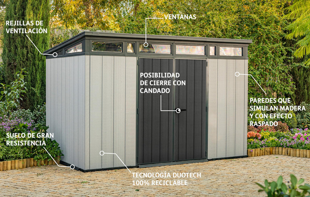 Keter Artisan 11x7 Gerätehaus – Wetterfestes Gartenhaus mit Boden, Pultdach, Doppeltüren & Fenster, Ideal für Outdoor-Aufbewahrung, 342x218x226cm, 13,7 m³, grau