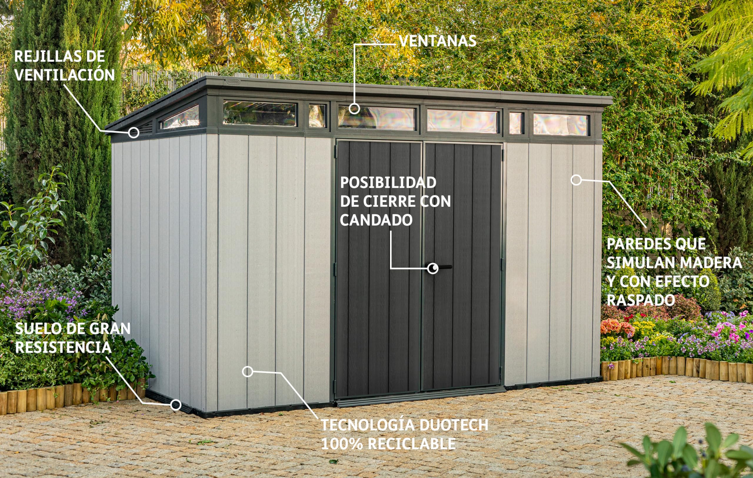 Keter Artisan 11x7 Gerätehaus – Wetterfestes Gartenhaus mit Boden, Pultdach, Doppeltüren & Fenster, Ideal für Outdoor-Aufbewahrung, 342x218x226cm, 13,7 m³, grau