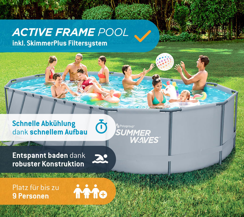 Summer Waves Frame Pool Komplettset | Oval 610x366x122 cm Grau | Aufstellpool Set | Gartenpool & Schwimmbecken inkl. Filterpumpe, Filterkartusche, Bodenvlies, Abdeckplane & Einstiegsleiter